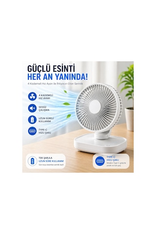 Robeve Yk Şarjlı Masaüstü Vantilatör Usb Type-c 4 Kademeli Hız, Sessiz Çalışma, Taşınabilir Mini Fan, Uzun Batarya, 90 Ayarlanabilir Başlık, Ofis Ev Kullanım Fan Vantilatör Beyaz