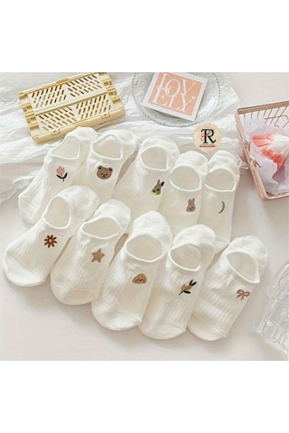 Trampler Çiçekli Hayvan Desenli Görünmez Kadın Babet Çorap 10'lu Beyaz Krem