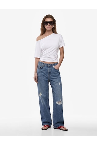 Koton Slim Fit Drape Detaylı Omzu Açık Kayık Yaka Tişört Beyaz 6sak50414ek