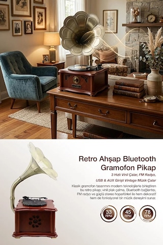 Nostaljik Dev Gramofon Bluetooth Usb Plak Çalar Pikap Fm Radyo 1 Adet