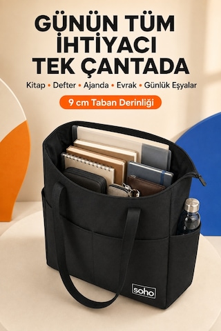 Orijinal Çok Gözlü Geniş İç Hacimli Su Geçirmez & Fermuarlı Yan Cepli Tote Bag Ofis Okul Üniversite Spor İçin Askılı Anne Shopper Günlük Çok Amaçlı El Kol Ve Omuz Çantası Büyük Boy - 35x34x9 Cm Siyah
