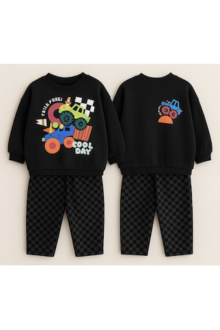 Erkek Çocuk Siyah Renk Araba Baskılı Sırt Detaylı Sweatshirt Kareli Jogger Eşofman Alt Üst Takım Siyah