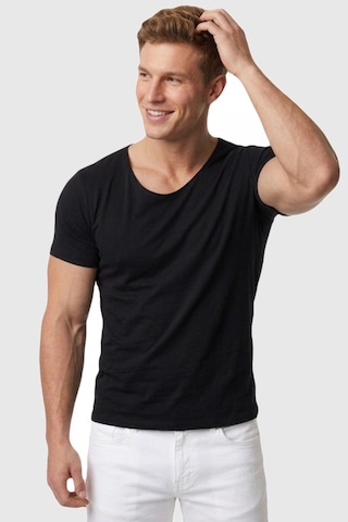 Deepsea Erkek Siyah Geniş Yaka Likralı Tişört Oval Yaka Slim Fit Eteği Oval Açık Yaka T-shirt 1801199 Siyah
