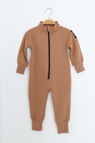 Toontoy Kids Toontoy Erkek Bebek Baskılı Dik Yaka Fermuarlı Reglan Kol Basic Tulum Kahverengi