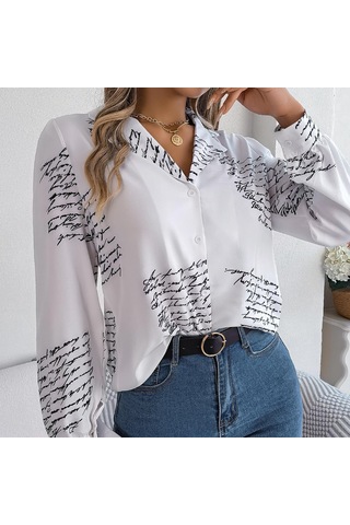 Gmxıa Kadın Modası Günlük Yazlık Takım Uzun Kollu Yaka Bluzlar Ve Alfabe Gömlekler Koyu Mavi