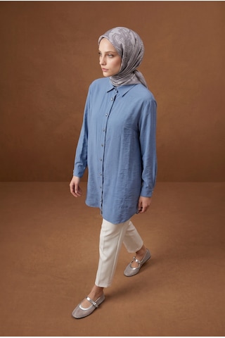 Armine Trend Gold Düğme Detaylı Klasik Yaka Uzun Tunik Rahat Kesim Şık Tesettür Tunik Modeli 89 Cm Boy Mavi 26yt471