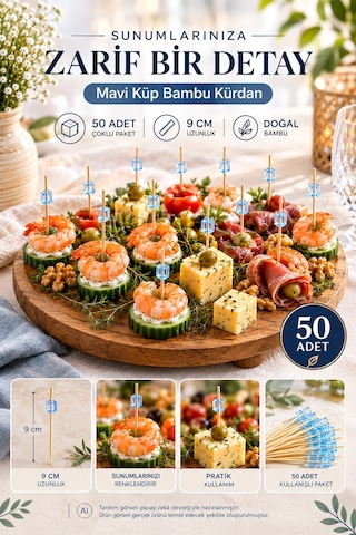 50 Li Mavi Küp Bambu Kürdan 9 Cm Parti Davet Kokteyl Kanepe Sunum Kürdanı Organizasyon Sofra Seti