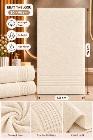 2'li 100% Pamuk Bordürlü Yüz Havlusu 50x90 Cm Yüksek Su Emici Banyo El Yüz Havlusu Krem