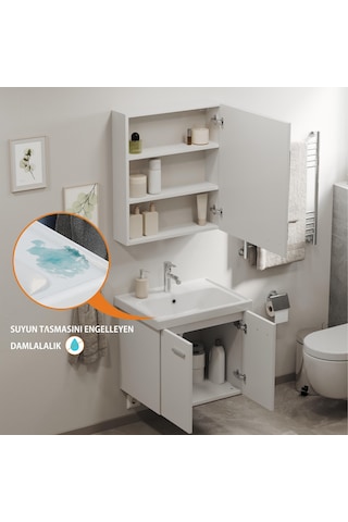 Aqua Bagno Basic Alt Dolap + Üst Dolap -lavabo Dahil-beyaz ,60 Cm. 3 Parça Beyaz