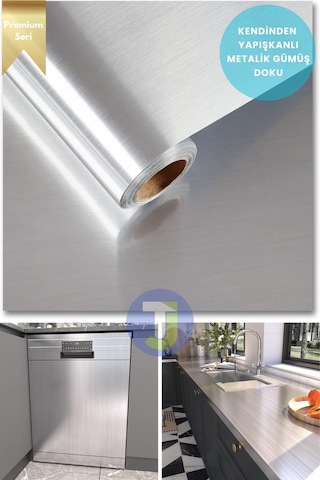 Technojet Kendinden Yapışkanlı Metalik Folyo Mutfak Banyo Tezgah Duvar Dolap Masa Kaplama 60cmx500cm Silver