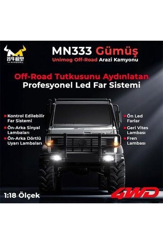 Mn Model Mn333 1/18 Mercedes Unimog U4000 4wd Rc Crawler Offroad Uzaktan Kumandalı Araba Arazi Aracı Model Car Truck Rtr Gümüş Mn-333 +dahili Işık Seti Mnmodel/mn333-sılver