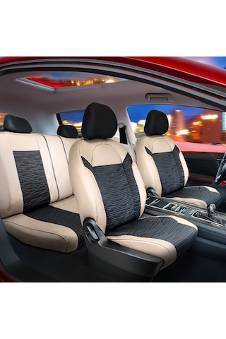 Bmw 3 Serisi 330ci Yarı Deri Oto Koltuk Kılıfı Ön Arka Set Bej Siyah Premium Seri Şhn