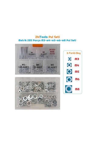 Zhltools Pul Seti Metrik 285 Parça M3-m4-m5-m6-m8 Pul Seti