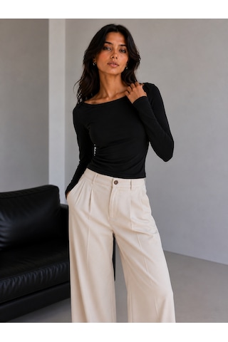 Sortie Collection Geniş Kayık Yaka Uzun Kollu Slim Fit Bluz Siyah