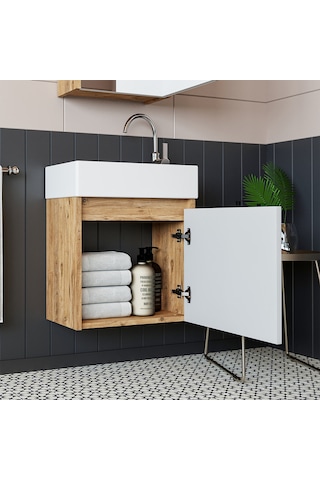 Roomart Ayaksız Tek Kapaklı Lavabolu 50cm Banyo Dolabı A.çam-beyz Atlantik Çam - Beyaz