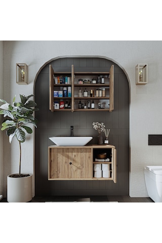 Çanak Lavabolu Mat Mdf 90 Cm Banyo Dolabı + Aynalı Dolap Atlantik Atlantik Çam