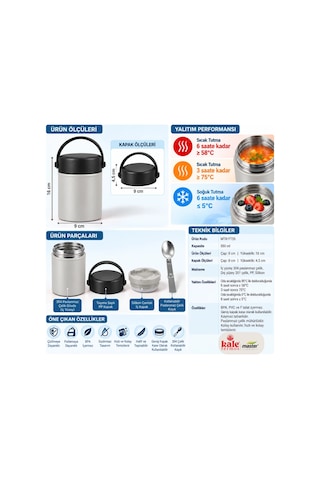 Kale Master 550 Ml Çelik Yemek Termosu 304 Paslanmaz Çelik Termal Yemek Kabı, Katlanabilir Kaşıklı Ve Taşıma Kulplu-507 Gri