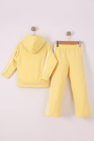 Monox Kız Çocuk Çiçek Baskılı İpli Şeritli Pantolon Fitilli Polar Takım Sarı