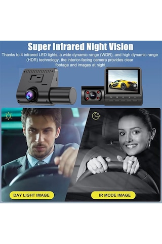 Lemestar Araç İçin 3 Kameralı 1080p Dash Kamera - Gündüz/gece Görüşü, Hareket Algılama Ve Sürekli Kayıt Özellikli, 2 İnç Ekranlı, Siyah Dahili Li-pil