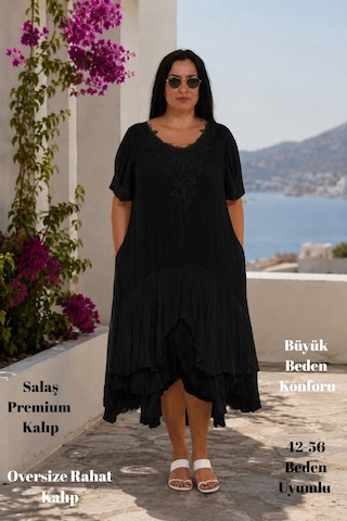 Cedy Denim Cedy Denım - Güpür Detaylı Viskon Kumaş Bohem Stil Günlük Ve Plaj Elbisesi O3047 Siyah