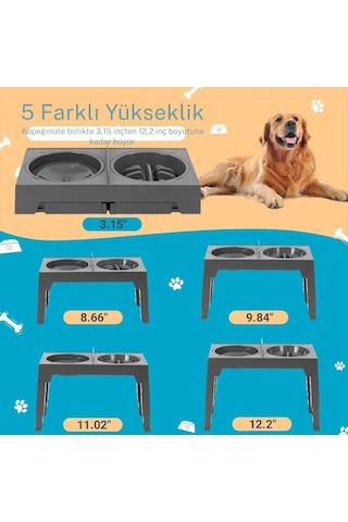 Ayarlanabilir Yükseltilebilir Köpek Kedi Mama Kabı Yavaş Yeme Ve Sıçrama Önleyici Su Kabı 2 Li Set