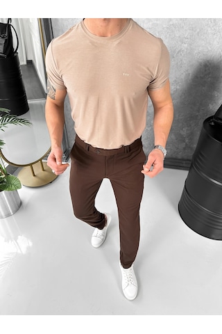 Modefendi Yüksek Kalite Slimfit Merserize Kumaş Bisiklet Yaka Tshirt Krem