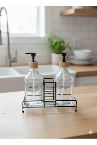 Makri Home Stantlı Bambu Kapaklı İkili Cam Sıvı Sabunluk & Deterjanlık Seti 2 500 Ml, 22,5 8,5 24 Cm Şeffaf