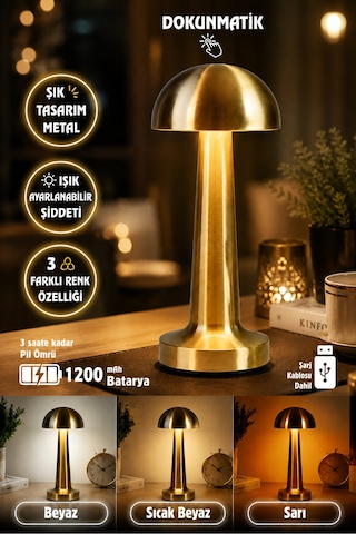 Metal Mantar Gold Masa Lambası Dokunmatik 3 Işıklı Şarjlı