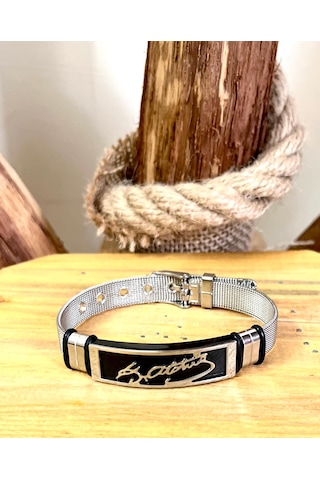 Kemal Atatürk İmzalı Kemer Kordonlu Çelik Bileklik 23 Cm Gümüş - Siyah