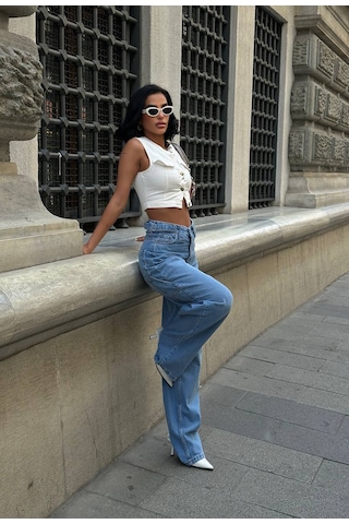 Free Blue Tasarım Tokalı Yeni Sezon Baggy Jean Mavi
