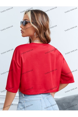 Flood Of Style Crop Ckod-232913 Grafikli Düşük Omuz Kısa Kırmızı