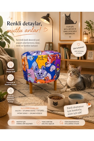 Diday Kedi 2 Puf Trend Puf Koltuk Puff Bench Dekoratif Bohem Doğal Gürgen Ayaklı Çok Amaçlı Bahçe Ev Balkon Çocuk Bench Çok Renkli