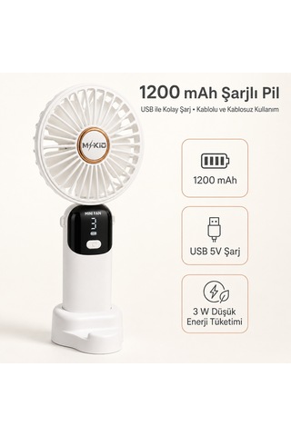 Mkio Şarjlı El Vantilatörü 5 Kademeli, Katlanabilir Dijital Ekranlı Mini El Fanı, 1200 Mah, 5 Pervaneli Güçlü Hava Akışı, Standlı Masaüstü Fan, Usb Şarjlı -beyaz