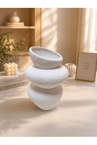 El Yapımı Dekoratif Vazo Beyaz Modern Tasarım Çiçek Vazosu Salon Konsol Dekoru 21 Cm