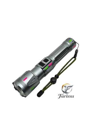 Ultra Güçlü Beyaz Lazer Led El Feneri - 2 Km Menzilli & Powerbank Özellikli Çift Pil Setli Gri
