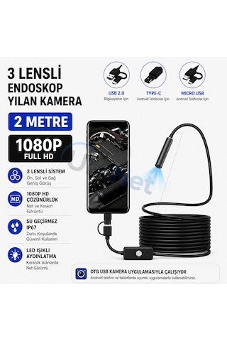 Uninet Türkiyede Ilk 2 Metre 3 Kameralı Android Ve Bilgisayar Uyumlu Endoskop Yılan Kamera 1080p Full Hd