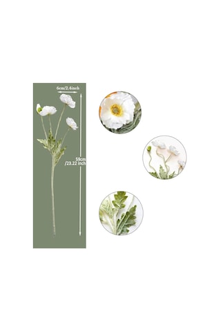 Yapay Çiçek Gelincik Çiçeği Beyaz Renk 3 Çiçek 1 Tomurcuk 59cm
