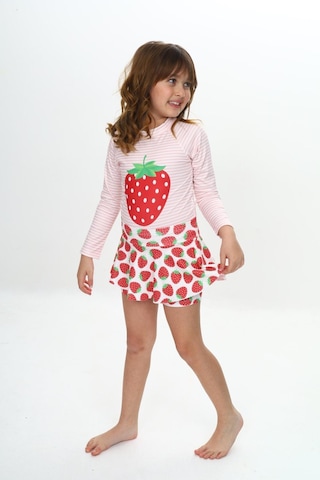 Lolliboomkids Kız Çocuk Çilek Desenli Uzun Kollu Tayt Etekli 2 Parça Mayo / Bikini Takımı Çilek Çok Renkli