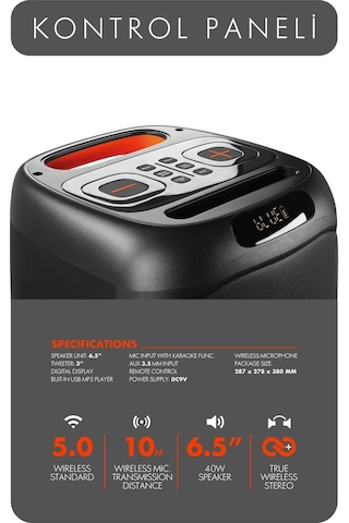 Powerway MIO Taşınabilir Mikrofonlu 40 W Parti Karaoke Kumandalı Bluetooth Hoparlör Led Işıklı