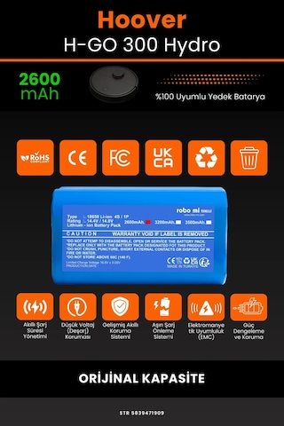 Hoover Uyumlu H-Go 300 Hydro 2600mAh Robot Süpürge Bataryası