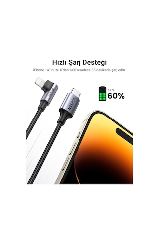 Ugreen Usb-c - Lightning 3a Qc Pd 90 Derece Örgülü Hızlı Şarj Kablosu, 2 M, Siyah, 60765
