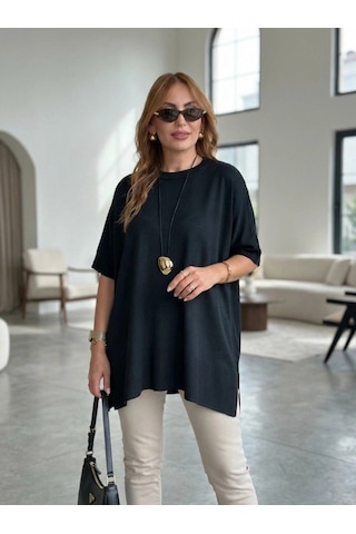 Zennamoda Kadın Bisiklet Yaka Kısa Yarasa Kollu Yanları Yırtmaçlı Oversize Dökümlü Merserize Bluz Siyah