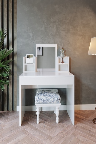 Aynalı Raflı Makyaj Masası - 90x49 cm Beyaz Çekmeceli Tuvalet Masası