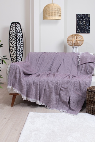 Pamuklu Zikzak Desenli Püsküllü Koltuk Örtüsü 170x210 Cm Dekoratif Ve Çok Amaçlı Bordo