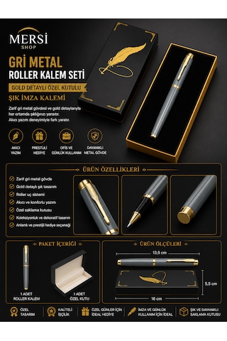 Gri Metal Roller Kalem Seti Gold Detaylı Özel Kutulu Şık İmza Kalemi Açık Gri