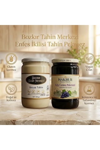 Bozkır Tahin Merkezi Enfes İkili Beyaz Tahin 600 Gr - Köy Üzüm Pekmezi 800 Gr Doğal&katkısız