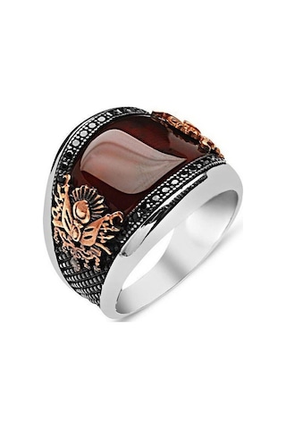 Oniks Akik Taşlı Osmanlı Armalı Gümüş Erkek Yüzük Key01