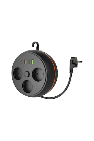 Makaralı 3'lü 1.5 M Uzatma Kablosu Akım Korumalı Priz 3x Usb 1x Type-c Giriş Duvar Askılı Priz 2 M