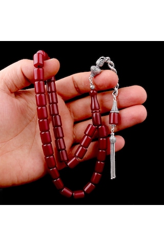 925 Ayar Gümüş Püsküllü Kesme Model Bordo Renk Ateş Kehribar Tesb