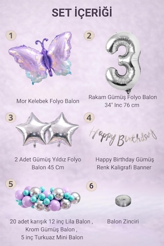 Lila Kelebek Temalı 3 Yaş Doğum Günü Balon Süsleme Seti Lila Gümüş Parti Dekorasyon Seti Gümüş - Mor